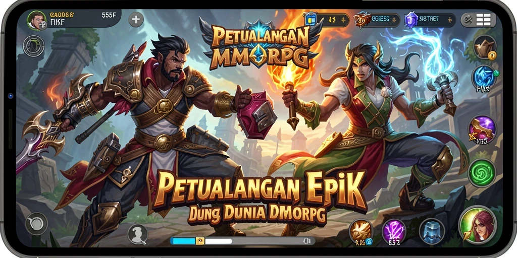 Screenshot utama 555F yang menunjukkan aksi pertarungan epik MMORPG.
