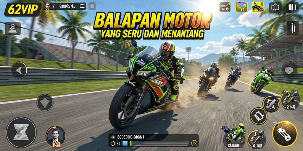 Tampilan gameplay 62VIP dengan balapan motor yang mendebarkan.