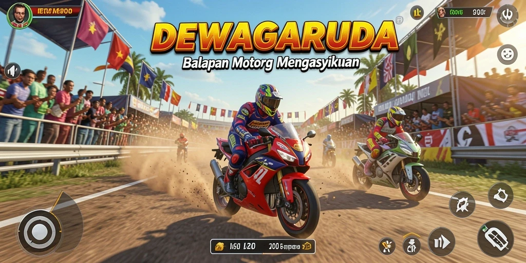 Screenshot gameplay DEWAGARUDA menampilkan aksi balapan motor yang mendebarkan.