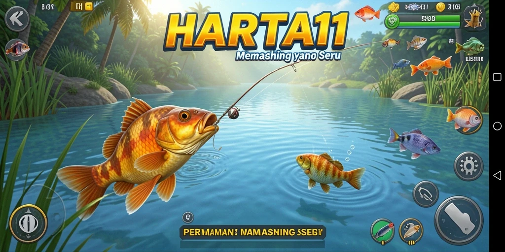 Tampilan gameplay HARTA11 menampilkan momen seru saat memancing ikan besar.