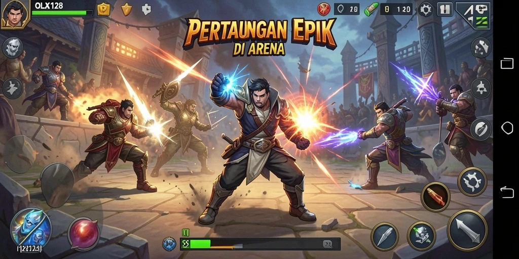 Screenshot OLX128 menampilkan aksi pertarungan mendebarkan di arena.
