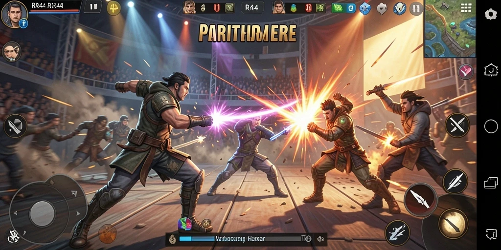 Screenshot gameplay RR44 dengan aksi pertarungan yang intens.