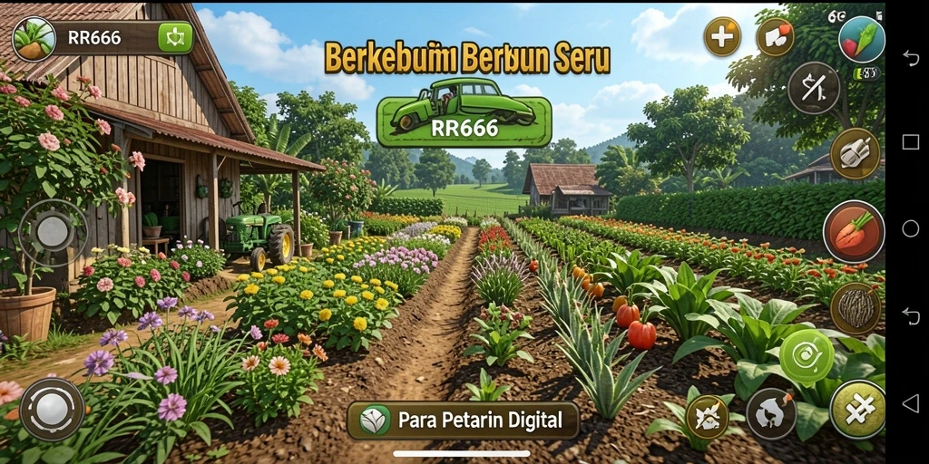 Gameplay menakjubkan di RR666 yang menunjukkan berkebun dan panen.