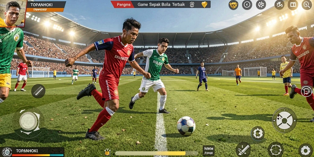 Tampilan gameplay TOPANHOKI dengan aksi sepak bola yang mendebarkan.